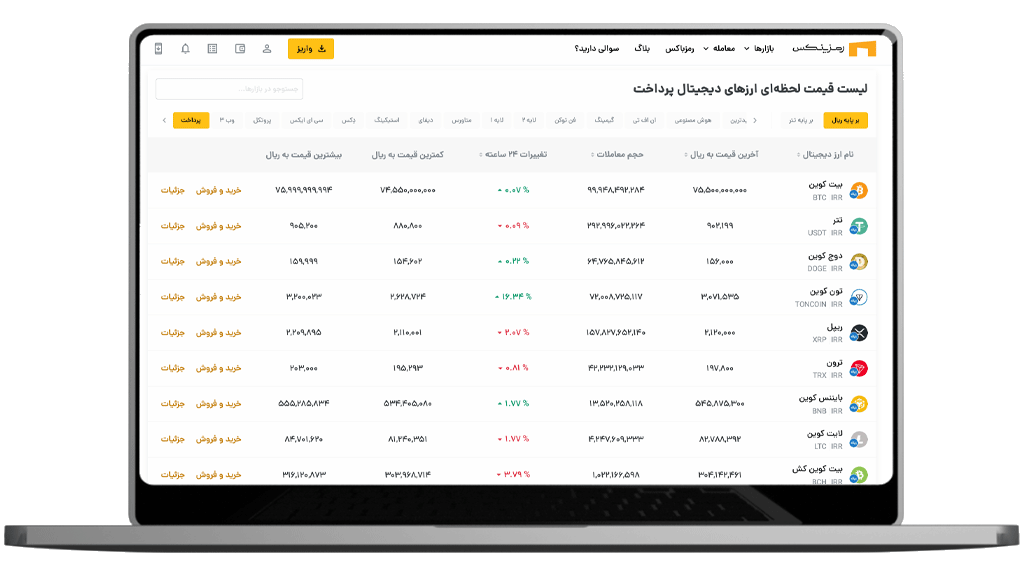 صفحه دسته‌بندی ارزهای حوزه پرداخت در رمزینکس